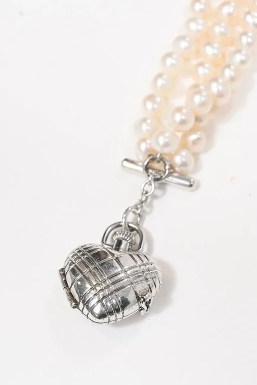 Silver-tone metal and resin faux pearl heart watch locket bracelet with T-bar closure