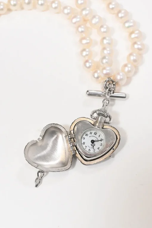 Silver-tone metal and resin faux pearl heart watch locket bracelet with T-bar closure