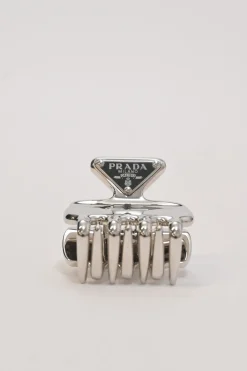 Silver-tone metal logo plaque claw hair clip
