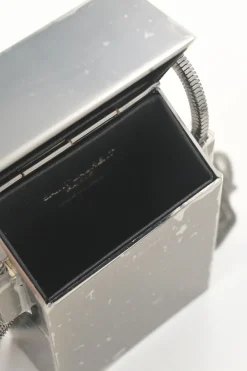 Silver-tone metallic cigarette case on snake chain strap