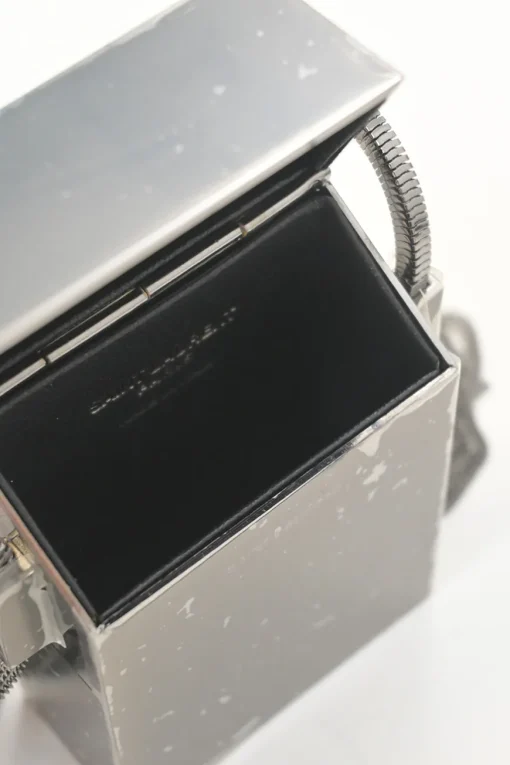 Silver-tone metallic cigarette case on snake chain strap