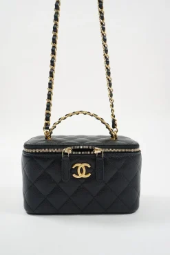 Small Black Quilted Caviar Skin Rectangular Vanity Case