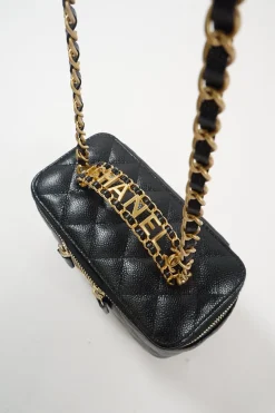 Small Black Quilted Caviar Skin Rectangular Vanity Case