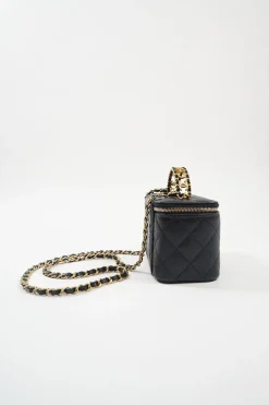 Small Black Quilted Caviar Skin Rectangular Vanity Case
