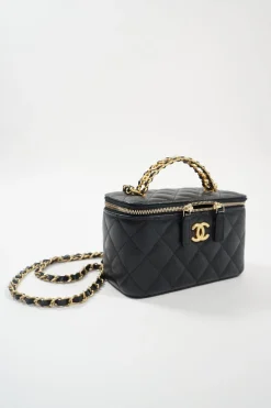 Small Black Quilted Caviar Skin Rectangular Vanity Case