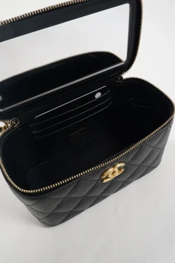 Small Black Quilted Caviar Skin Rectangular Vanity Case
