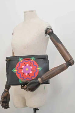 Special edition Lunar New Year Black marquetry daffodil print leather zip pouch