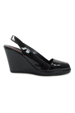 Sport black patent leather peep-toe wedge slingback pumps