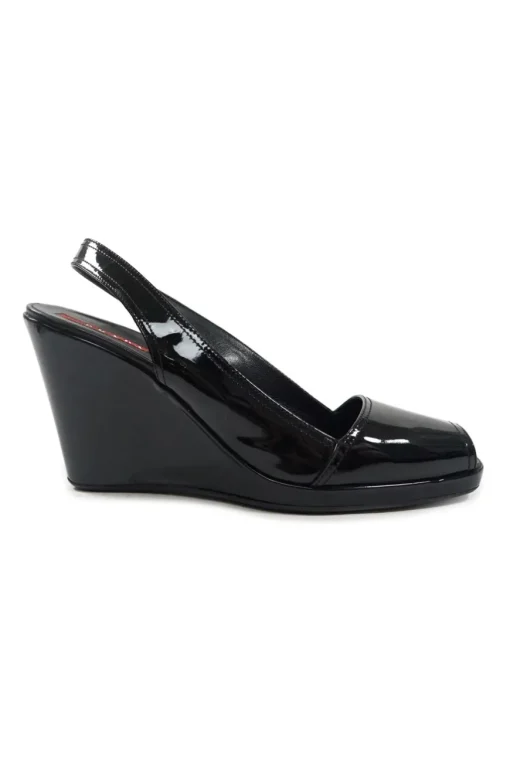 Sport black patent leather peep-toe wedge slingback pumps