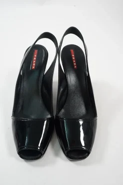 Sport black patent leather peep-toe wedge slingback pumps