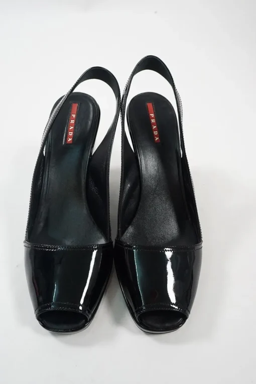 Sport black patent leather peep-toe wedge slingback pumps