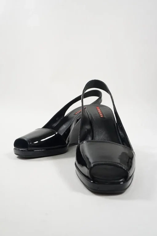 Sport black patent leather peep-toe wedge slingback pumps