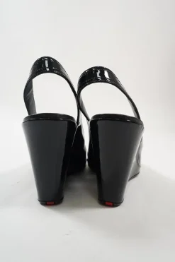 Sport black patent leather peep-toe wedge slingback pumps
