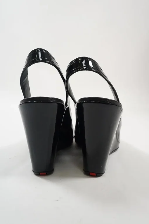 Sport black patent leather peep-toe wedge slingback pumps