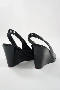 Sport black patent leather peep-toe wedge slingback pumps