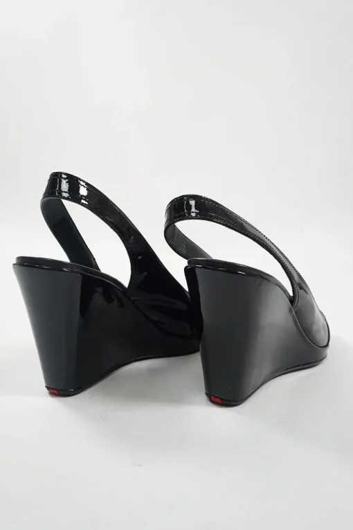 Sport black patent leather peep-toe wedge slingback pumps
