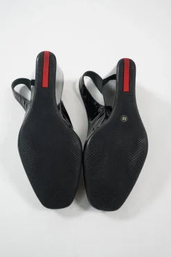 Sport black patent leather peep-toe wedge slingback pumps