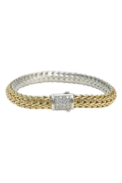 Sterling silver and 18k bonded reversible chain bracelet with pavé-set diamond pusher clasp closure and mother-of-pearl accent