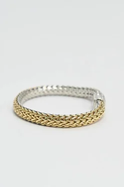 Sterling silver and 18k bonded reversible chain bracelet with pavé-set diamond pusher clasp closure and mother-of-pearl accent
