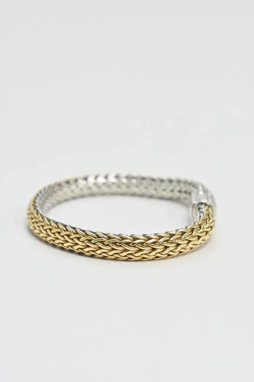 Sterling silver and 18k bonded reversible chain bracelet with pavé-set diamond pusher clasp closure and mother-of-pearl accent