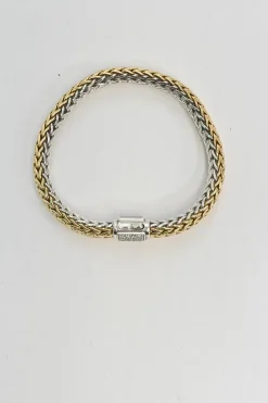 Sterling silver and 18k bonded reversible chain bracelet with pavé-set diamond pusher clasp closure and mother-of-pearl accent