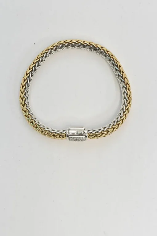 Sterling silver and 18k bonded reversible chain bracelet with pavé-set diamond pusher clasp closure and mother-of-pearl accent