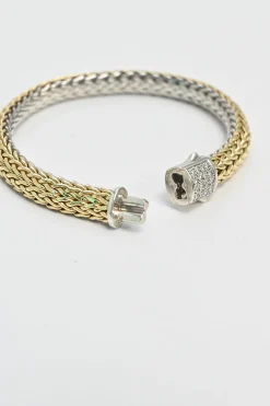 Sterling silver and 18k bonded reversible chain bracelet with pavé-set diamond pusher clasp closure and mother-of-pearl accent