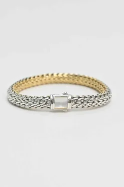 Sterling silver and 18k bonded reversible chain bracelet with pavé-set diamond pusher clasp closure and mother-of-pearl accent