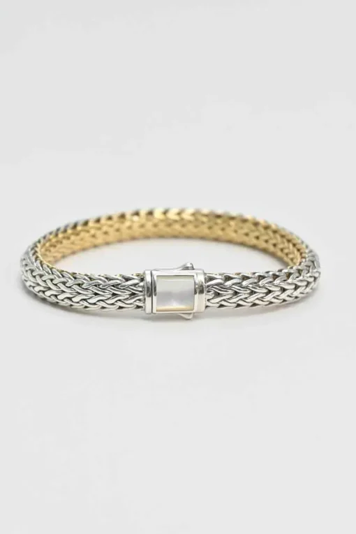 Sterling silver and 18k bonded reversible chain bracelet with pavé-set diamond pusher clasp closure and mother-of-pearl accent