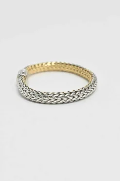 Sterling silver and 18k bonded reversible chain bracelet with pavé-set diamond pusher clasp closure and mother-of-pearl accent