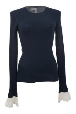 Stormy night navy cupro-blend micro-rib knit crewneck pullover second-skin pullover knit top