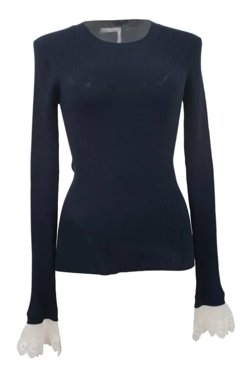 Stormy night navy cupro-blend micro-rib knit crewneck pullover second-skin pullover knit top