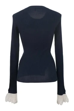 Stormy night navy cupro-blend micro-rib knit crewneck pullover second-skin pullover knit top