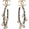 Strass and resin faux pearl-embellished gold-tone metal and leather Coco Mark hoop earrings