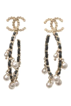 Strass and resin faux pearl-embellished gold-tone metal and leather Coco Mark hoop earrings