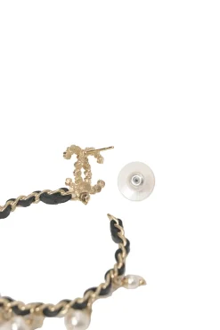 Strass and resin faux pearl-embellished gold-tone metal and leather Coco Mark hoop earrings