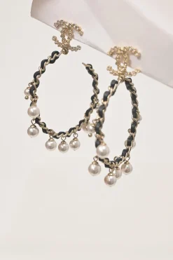 Strass and resin faux pearl-embellished gold-tone metal and leather Coco Mark hoop earrings