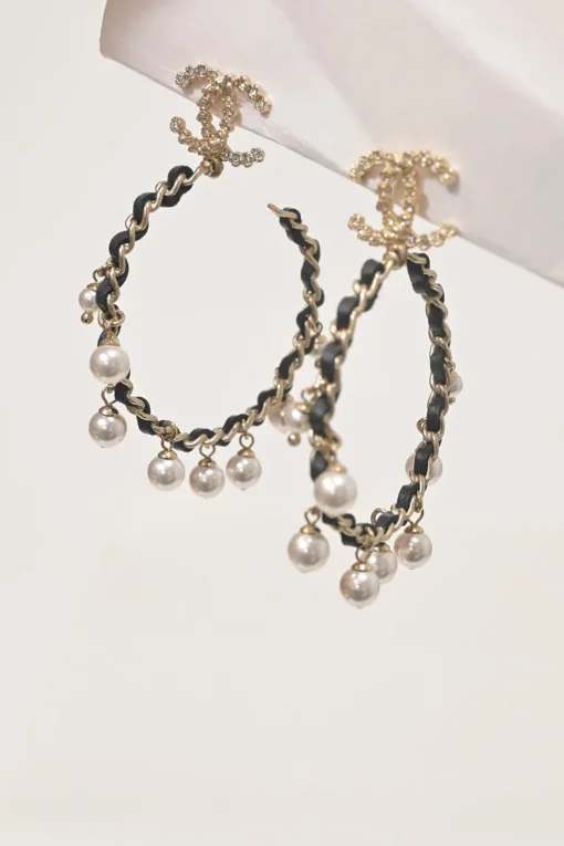 Strass and resin faux pearl-embellished gold-tone metal and leather Coco Mark hoop earrings