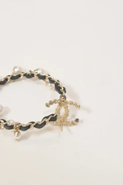 Strass and resin faux pearl-embellished gold-tone metal and leather Coco Mark hoop earrings