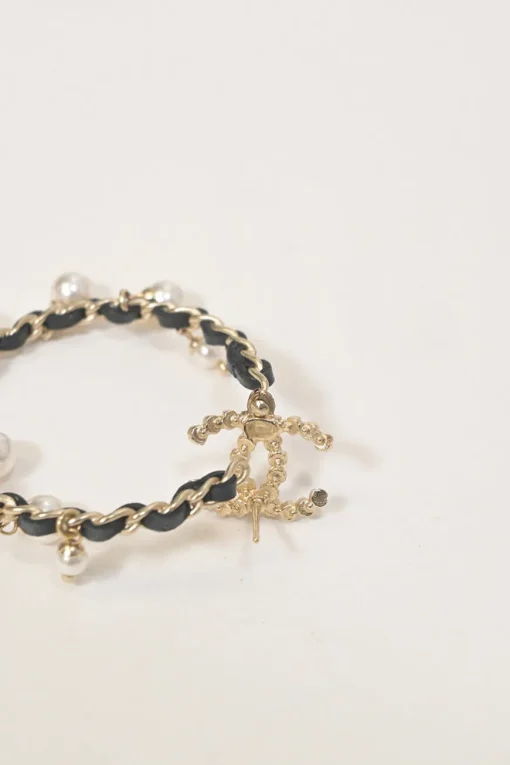 Strass and resin faux pearl-embellished gold-tone metal and leather Coco Mark hoop earrings