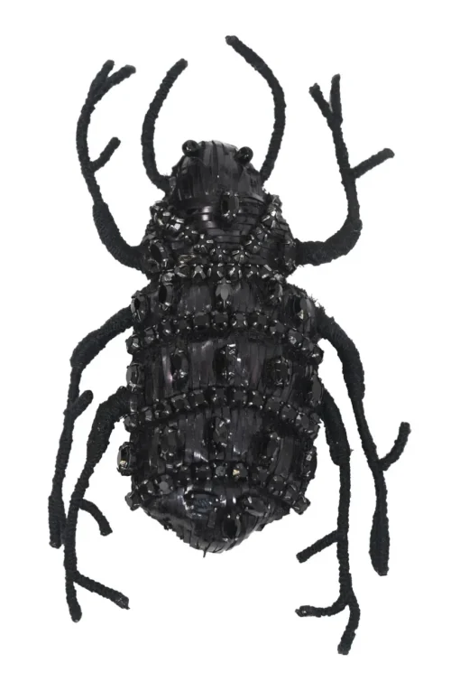 Strass-embellished black yarn-wrapped wire beetle brooch
