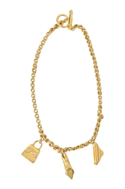 Strass-embellished gold-finish metal charm necklace with T-bar closure