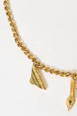 Strass-embellished gold-finish metal charm necklace with T-bar closure