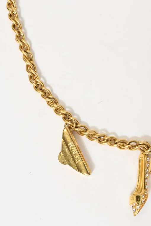 Strass-embellished gold-finish metal charm necklace with T-bar closure
