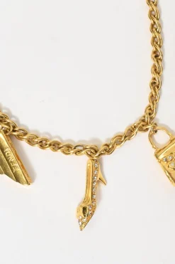 Strass-embellished gold-finish metal charm necklace with T-bar closure
