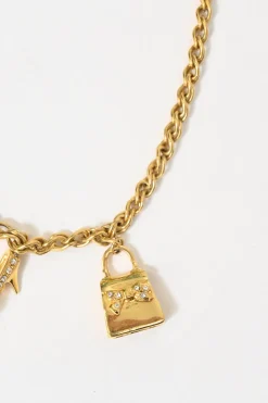 Strass-embellished gold-finish metal charm necklace with T-bar closure