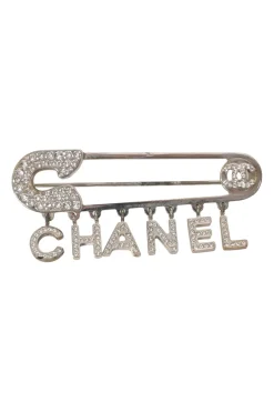 Strass-embellished silver-finish metal logo charm safety pin brooch