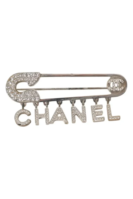 Strass-embellished silver-finish metal logo charm safety pin brooch