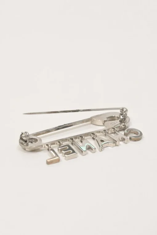 Strass-embellished silver-finish metal logo charm safety pin brooch