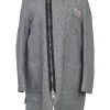 Striped indigo cotton denim spread collar Gail wrap-front zip-up utility coat with metallic throat latch